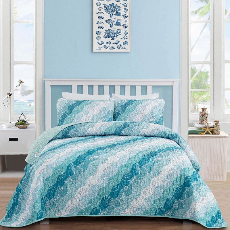 Dinjoy Summer Coastal Quilt Set King Size Blue Green Ocean Beach Themed Bedding Set Seawave Seashell Conch Starfish Microfiber Lightweight Bedspread Coverlet Bed Set All Season 104x90 Inch - Image 2