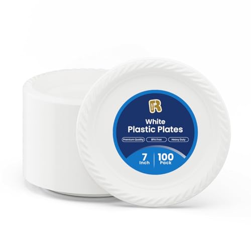 R-kay 100 Pack 7 Inch Plastic Plates Disposable - Heavy Duty White Disposable Plates - Microwavable Disposable Plastic Plates (100, 7 Inch) - Image 1