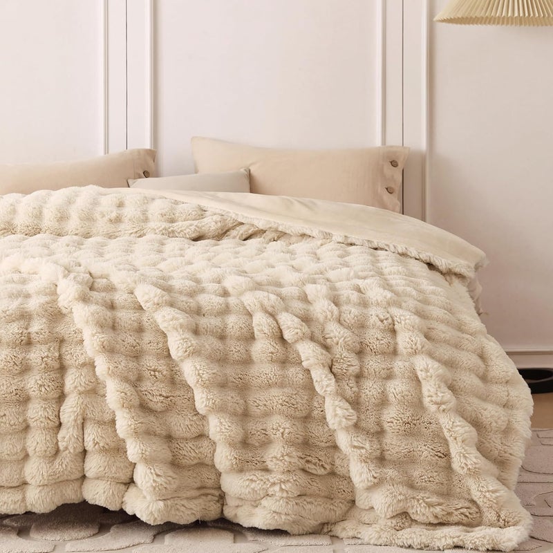 COOVA Faux Fur Throw Blanket for Couch, Cozy Soft and Fuzzy Plush Rabbit Fur Bubble Blanket for Sofa Bedroom Living Room, 60x80 Inches Light Taupe - Image 4