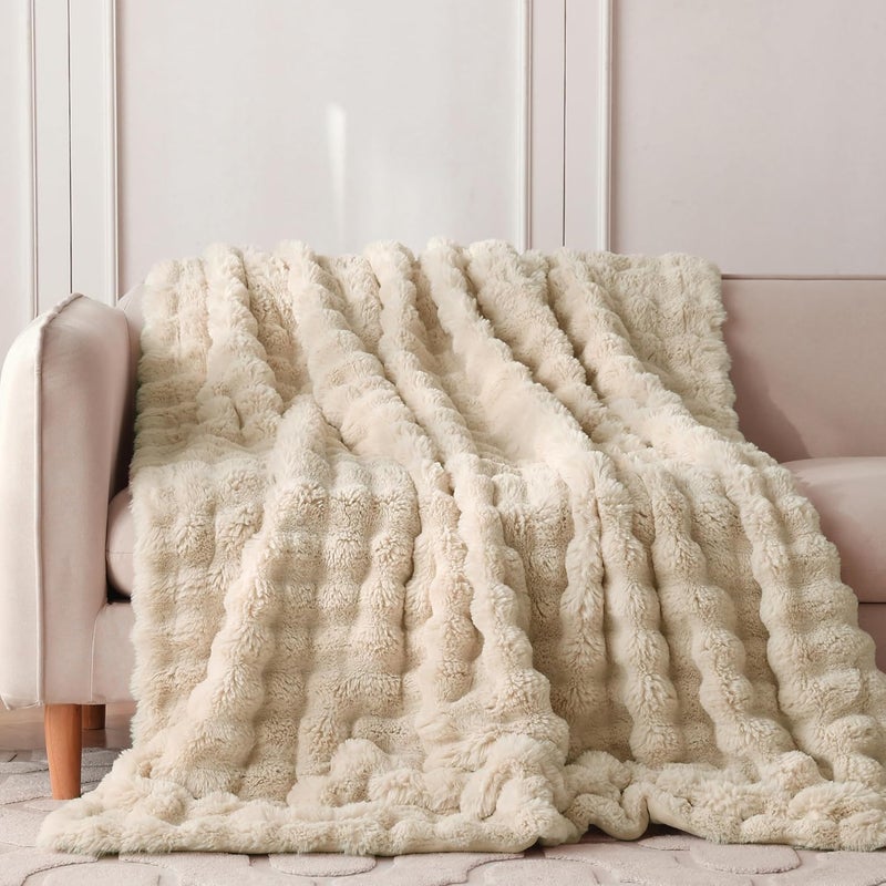 COOVA Faux Fur Throw Blanket for Couch, Cozy Soft and Fuzzy Plush Rabbit Fur Bubble Blanket for Sofa Bedroom Living Room, 60x80 Inches Light Taupe - Image 2