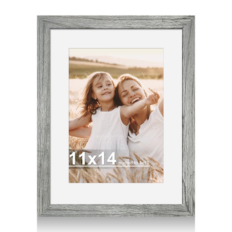 Hongkee 11x14 Picture Frame with Real Glass - 8x10 Wooden Frame with Mat, Horizontal and Vertical Display for Wall or Tabletop (Grey, 1 Pack) - Image 1