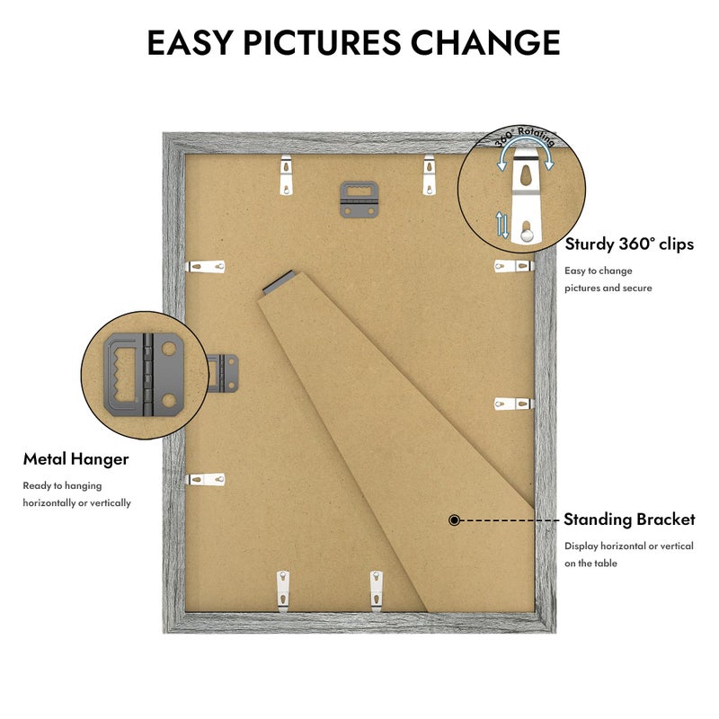Hongkee 11x14 Picture Frame with Real Glass - 8x10 Wooden Frame with Mat, Horizontal and Vertical Display for Wall or Tabletop (Grey, 1 Pack) - Image 4