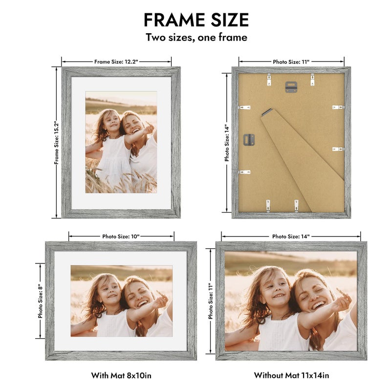 Hongkee 11x14 Picture Frame with Real Glass - 8x10 Wooden Frame with Mat, Horizontal and Vertical Display for Wall or Tabletop (Grey, 1 Pack) - Image 2
