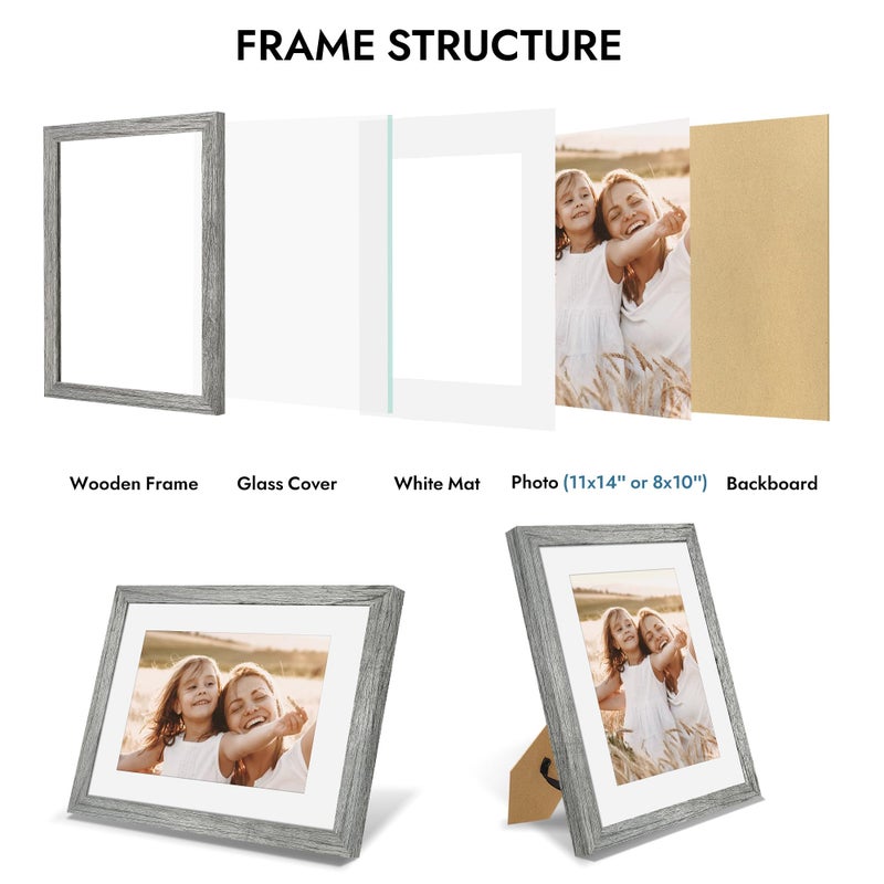 Hongkee 11x14 Picture Frame with Real Glass - 8x10 Wooden Frame with Mat, Horizontal and Vertical Display for Wall or Tabletop (Grey, 1 Pack) - Image 5