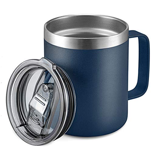ALOUFEA 12oz Stainless Steel Insulated Coffee Mug with Handle Double Wall Vacuum Travel Mug Tumbler Cup with Sliding Lid Navy