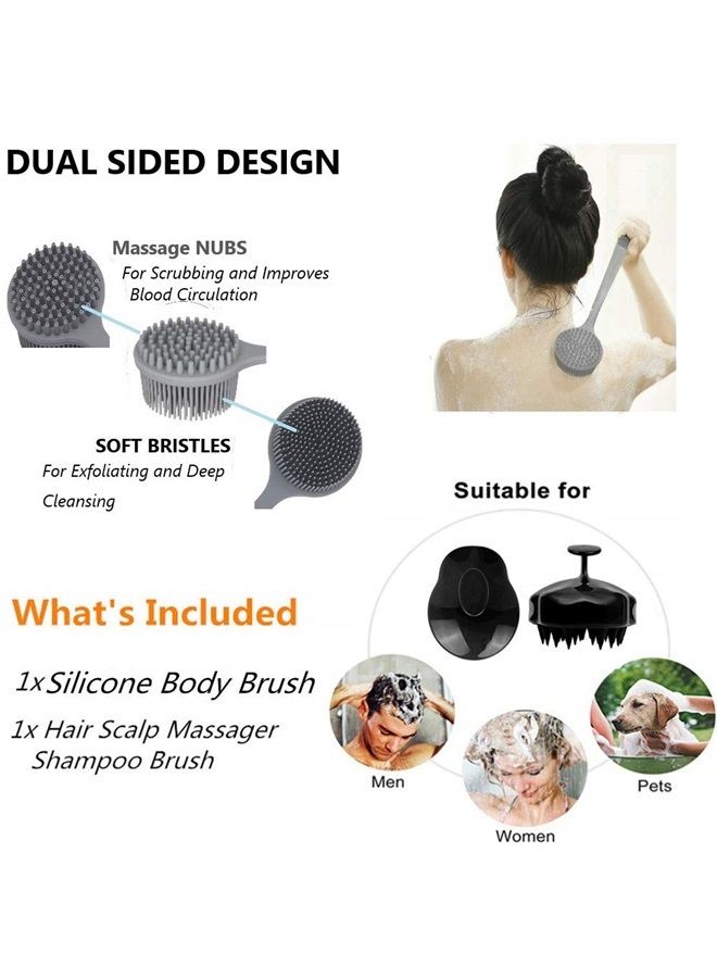 CINLITEK Silicone Body Scrubber & Scalp Massager, Long Handle Back Scrubber for Shower Brush,Exfoliating Body Scrubber, Shower Scrubber for Body Brush, Hair Dandruff Shampoo Brush for Men,Women&Kids - Image 1