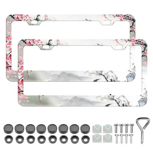 LIN KANG Watercolor Cherry Blossom License Plate Frame 2 Pack Japanese Sakura Flower Aluminum Metal License Plate Frames Holder RustProof Waterproof Car Decorative Tag Frames for Standard US 12x6 Inch - Image 1