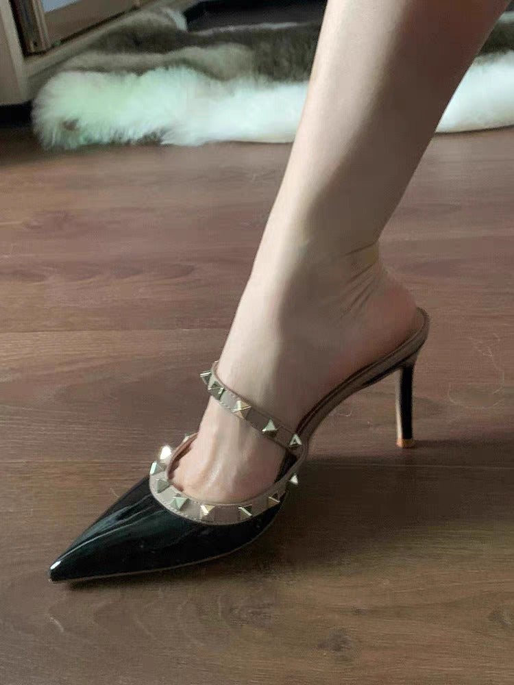 Women's Studded Pointed Toe High Heel Sandals 2025 Summer Slim Heel Ankle Strap Dress Shoes
