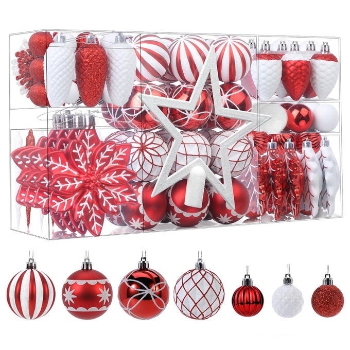 106PCS CHRISTMAS BALLS ORNAMENTS SET COLORFUL SHATTERPROOF PLASTIC DECORATIVE BAUBLES FOR XMAS TREE DECOR HOLIDAY WEDDING PARTY DECORATION WITH HANGING HOOKS RED WHITE