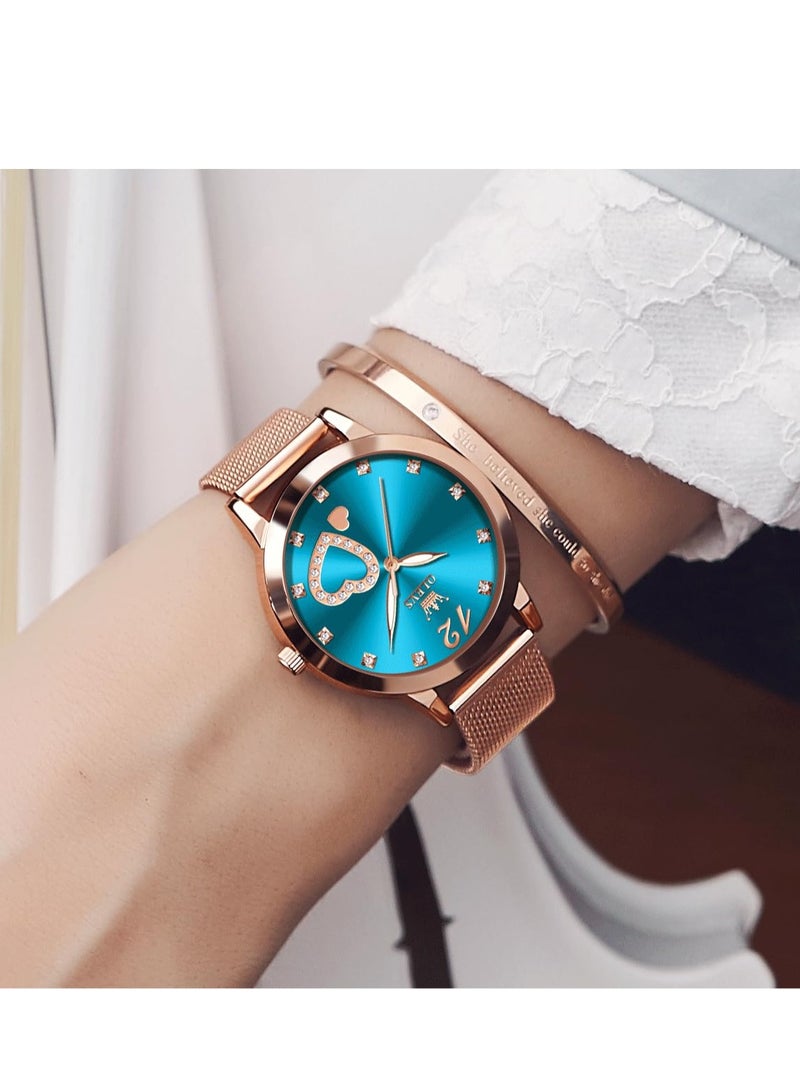 أوليفز ساعة OLEVS النسائية، ساعة معصم صغيرة باللون الذهبي الوردي والألماس اللطيف على شكل قلب وأرقام عربية للنساء، ساعة رسمية عصرية مقاومة للماء بسوار شبكي تناظري - Image 4