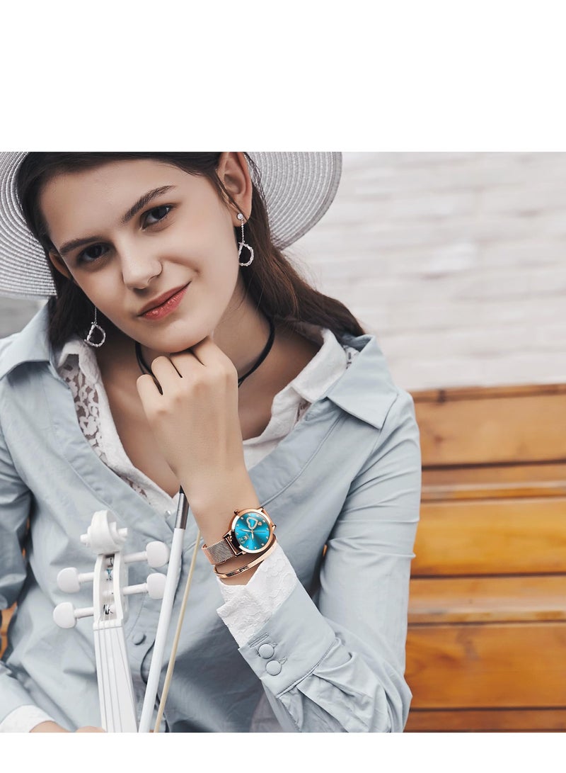 أوليفز ساعة OLEVS النسائية، ساعة معصم صغيرة باللون الذهبي الوردي والألماس اللطيف على شكل قلب وأرقام عربية للنساء، ساعة رسمية عصرية مقاومة للماء بسوار شبكي تناظري - Image 3