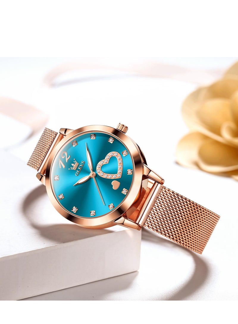 أوليفز ساعة OLEVS النسائية، ساعة معصم صغيرة باللون الذهبي الوردي والألماس اللطيف على شكل قلب وأرقام عربية للنساء، ساعة رسمية عصرية مقاومة للماء بسوار شبكي تناظري - Image 2