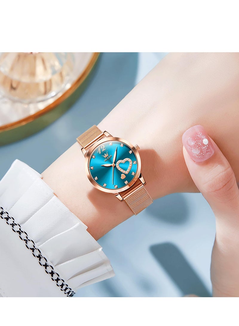 أوليفز ساعة OLEVS النسائية، ساعة معصم صغيرة باللون الذهبي الوردي والألماس اللطيف على شكل قلب وأرقام عربية للنساء، ساعة رسمية عصرية مقاومة للماء بسوار شبكي تناظري - Image 5