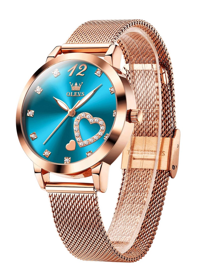 أوليفز ساعة OLEVS النسائية، ساعة معصم صغيرة باللون الذهبي الوردي والألماس اللطيف على شكل قلب وأرقام عربية للنساء، ساعة رسمية عصرية مقاومة للماء بسوار شبكي تناظري - Image 1