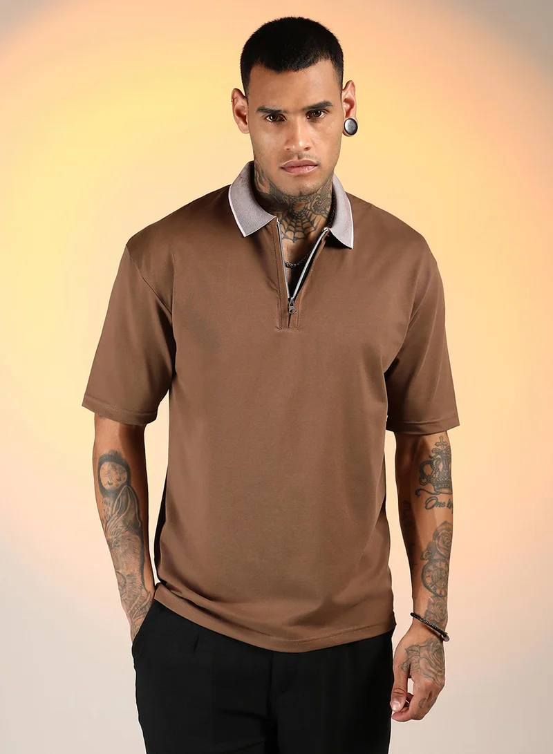 Campus Sutra Men's Chocolate Brown Solid Oversized Polo T-Shirt