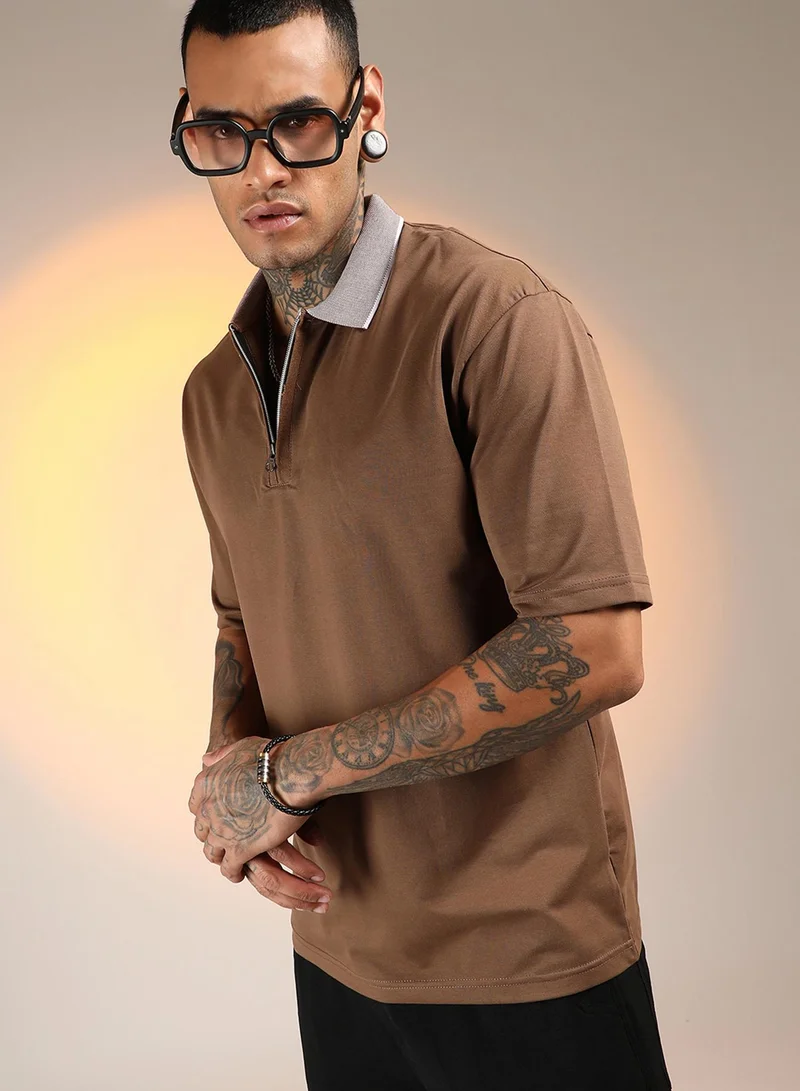 Men's Chocolate Brown Solid Oversized Polo T-Shirt