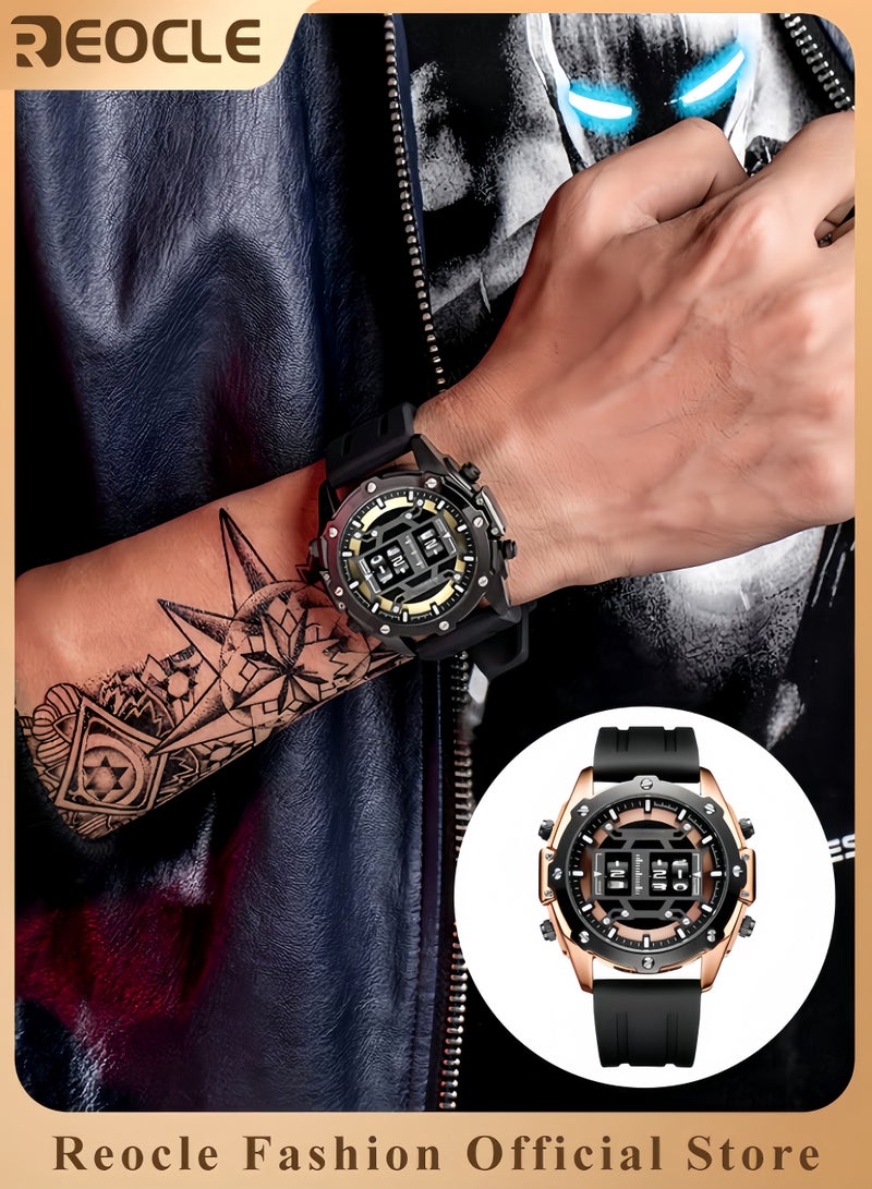 ريوكل ساعة يد رجالية رياضية رجالية رياضية مقاومة للماء ساعة كوارتز تناظرية رياضية أنالوجية ساعة يد رجالية كاجوال عصرية ساعة يد دائرية من سبيكة دائرية ذات قرص دوار معادن، زجاجها زجاج مقوى بمرآة سيليكون للرياضات الخارجية - Image 1