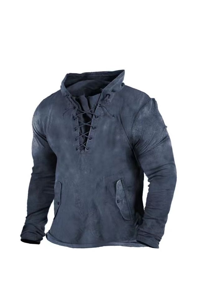 Loquat Men's Retro Outdoor Tactical Lace-up Hoodie Fall Solid Color Casual Hoodie