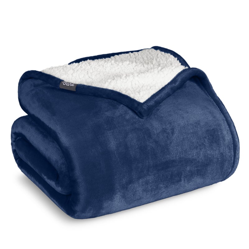 Bare Home Sherpa Fleece Blanket  FullQueen  Throw for Bed Sofa Couch Camping Travel and Gifts  Warm  Lightweight  Fluffy  Soft Plush Blanket  Reversible FullQueen Dark Blue