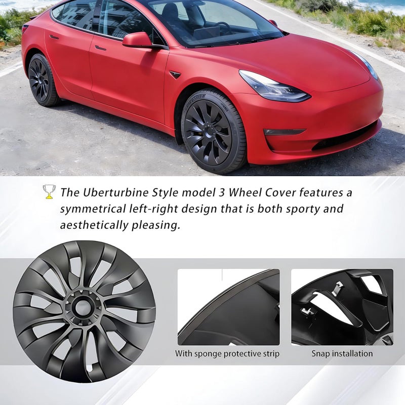 KAVANIC 4PCS Wheel Covers Fits for Tesla Model 3 Hubcap 18 Inch Matte Black Support Logo Long Range Symmetry Design Uberturbine Style for 2017-2023 Model 3 Aero Wheel Cover Replacement (RWD/AWD) - Image 4