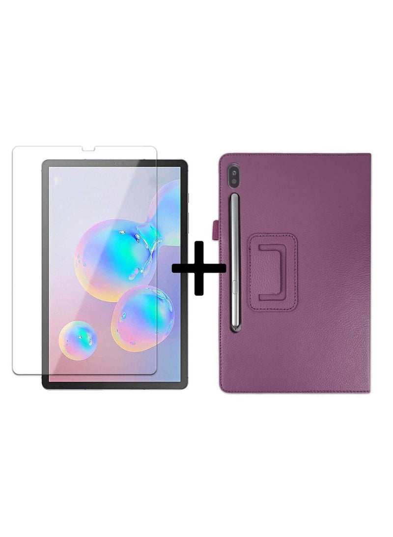 عام مجموعة حماية 2 في 1 لجهاز Samsung Galaxy Tab S6 مقاس 10.5 بوصة SM-T860 SM-T865 مع حافظة + غطاء زجاجي مقوى واقي للشاشة باللون الأرجواني - Image 1
