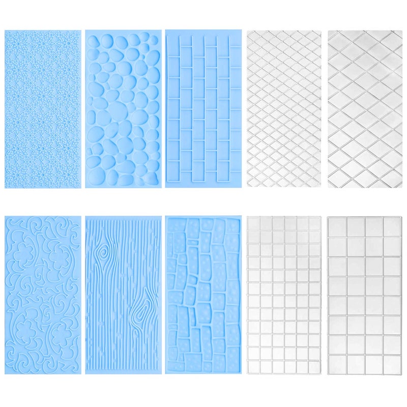 10Pcs/Set Fondant Impression Mat, Tree Bark Brick Stone Wall Flower Cobblestone Diamond Quilted Grid Texture Design Embossed Lace Embossing Mold Decorating Tools for Wedding Cake Border Decoration