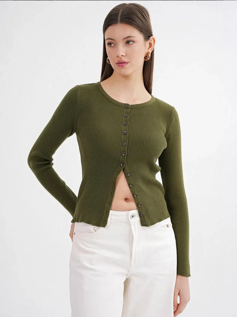 MixRay Mixray Buttoned Slim Fit Ribbed Knit Cardigan