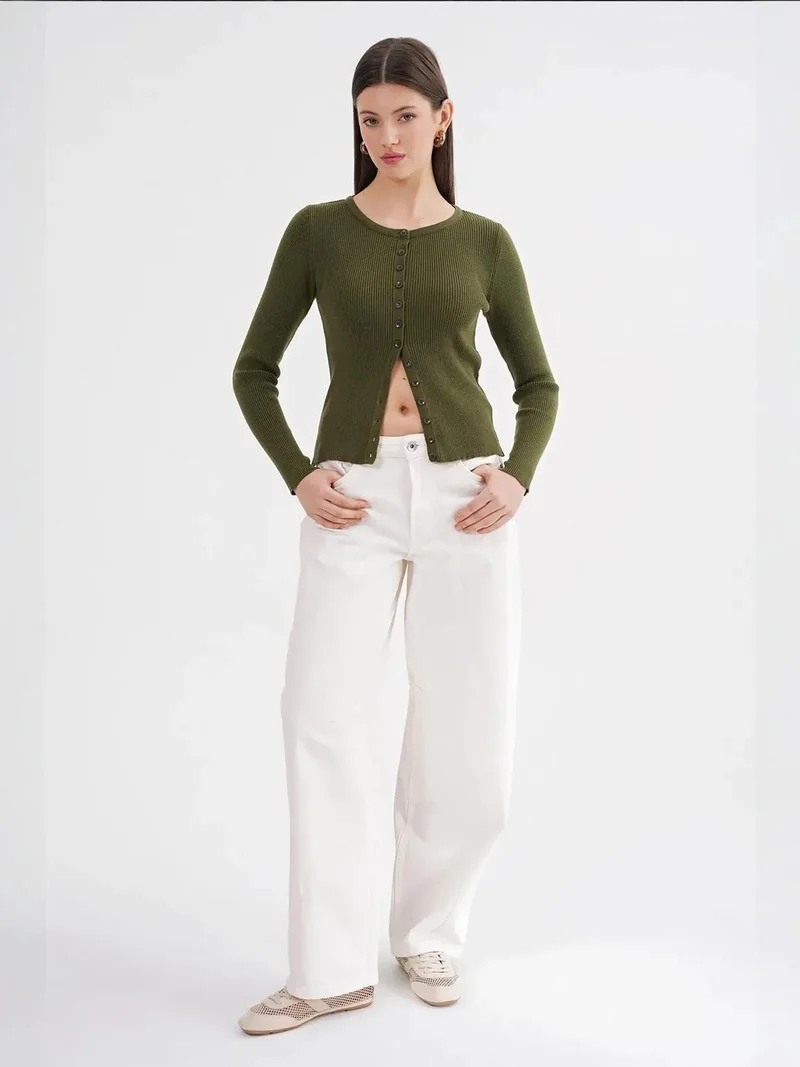 MixRay Mixray Buttoned Slim Fit Ribbed Knit Cardigan