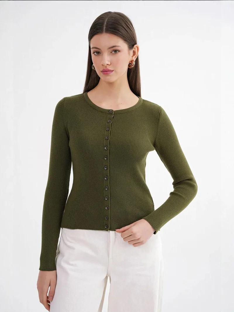 MixRay Mixray Buttoned Slim Fit Ribbed Knit Cardigan