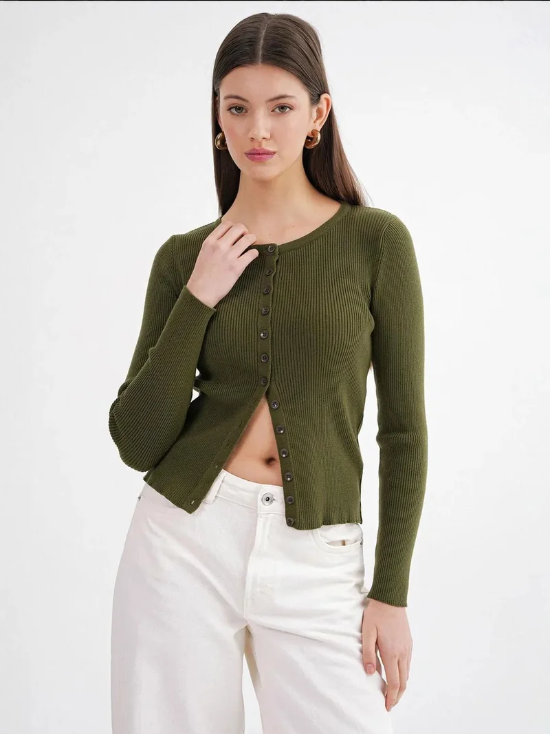 MixRay Mixray Buttoned Slim Fit Ribbed Knit Cardigan