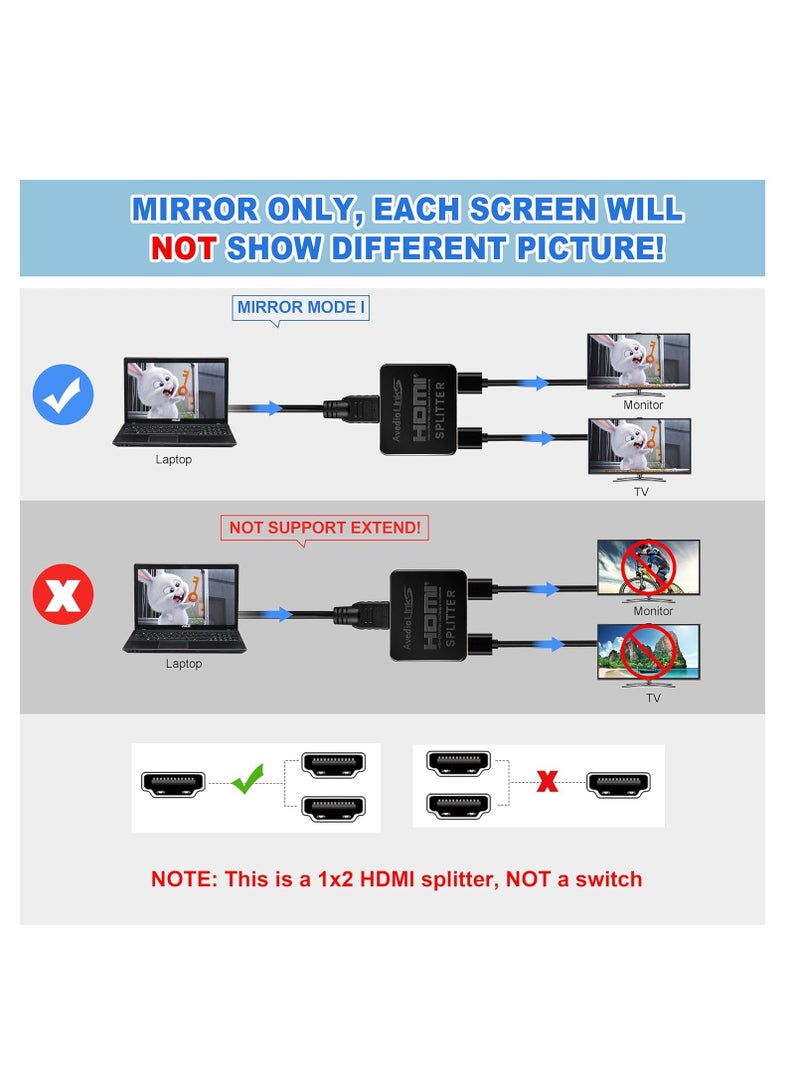 اتش دي ام اي موزع HDMI 1 في 2 مخرج، موزع HDMI لشاشتين مع كابل HDMI بطول 3.9 قدم 【ليس ممتدًا، فقط نسخ/عكس الشاشات】موزع HDMI 1 × 2 من 1 إلى 2 مكبر للصوت لدقة 4K@30HZ Full HD 1080P ثلاثية الأبعاد - Image 2