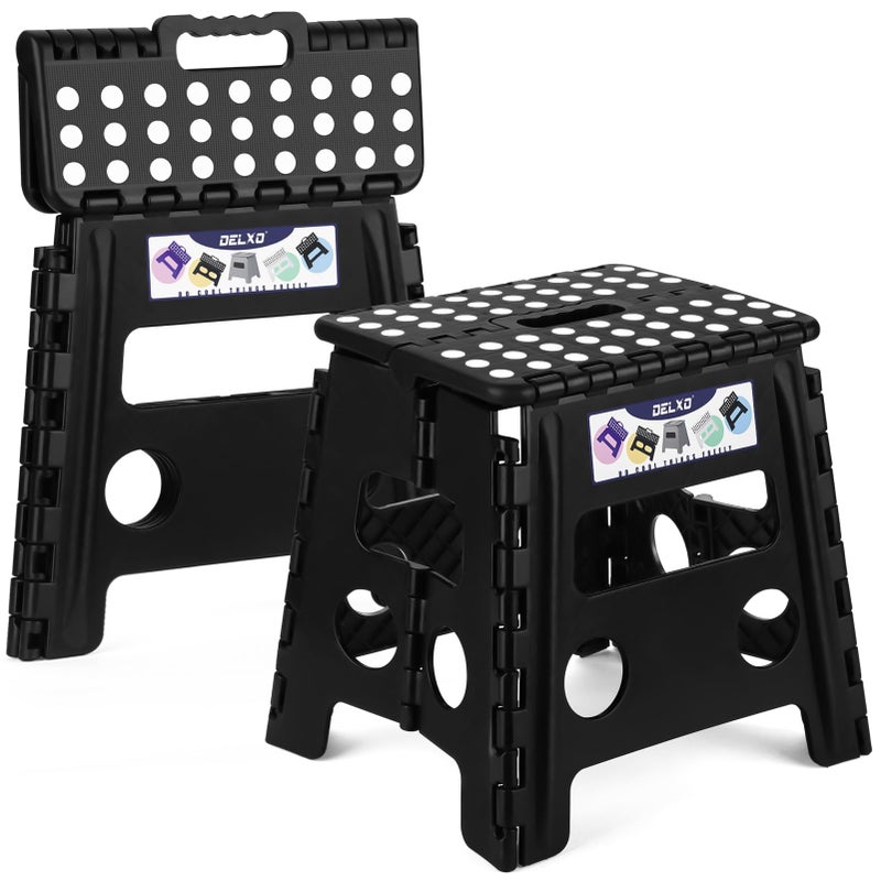 Delxo 13 inch 2 Pack Folding Step Stool, Non-Slip Foldable Stools Up to 300 LBS, Step Stool with Handle, Lightweight Collapsible stools for Kitchen, Bathroom, Bedroom, Garden (Black) - Image 1