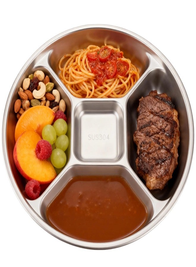 NIMBLOOM 304 Stainless Steel Divided Plate, 8.9 in Five-Compartment Serving Dish, Multipurpose Food Prep Tray, Practical Portion Control Plate, Stackable and Easy to Clean Design - Image 1