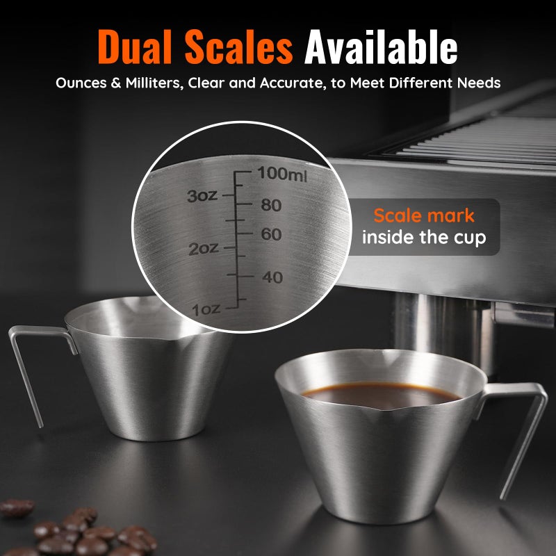 ‎YARRAMATE YARRAMATE 2 Pcs Espresso Cups with Handle, Stainless Steel Espresso Accessories, Double Spout Metal Measuring Cup with Dual Scale, Espresso Shot cup with V-Shaped Mouth, 3.4OZ/100ML(Silver) - Image 4