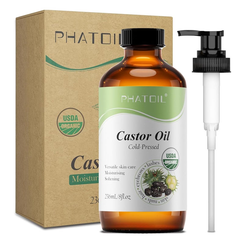 PHATOIL Organic Cold Pressed Castor Oil, 236ml/8fl.oz Glass Bottle with Pump Dispenser, USDA Certified Organic, Rich in Omega Fatty Acids, Ideal for Hair and Skin Care