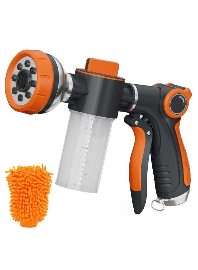 Hongmai Garden Hose Nozzle,8 Patterns Hose Sprayer High Pressure,Heavy Duty Pup Jet Dog Wash,Metal Water Hose Nozzle with Soap Dispenser,Car Wash Foam Gun with A Car Wash Mitt - Image 1