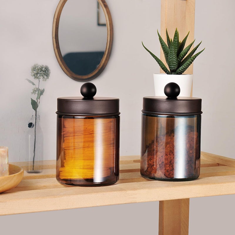 Amolliar Amber Glass Qtip Holder  Apothecary Jars With Bronze Metal Lid & Stickers-Bathroom Qtip Dispenser Storage Organizer Set Vanity Counter Canister For Cotton Swabs Round Floss(2 Pack) - Image 5