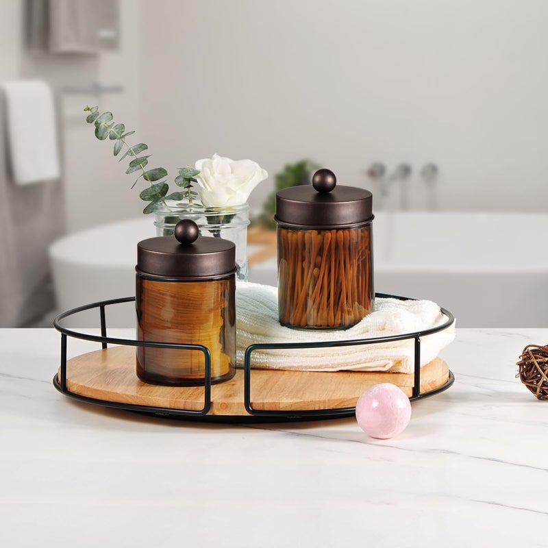Amolliar Amber Glass Qtip Holder  Apothecary Jars With Bronze Metal Lid & Stickers-Bathroom Qtip Dispenser Storage Organizer Set Vanity Counter Canister For Cotton Swabs Round Floss(2 Pack) - Image 2