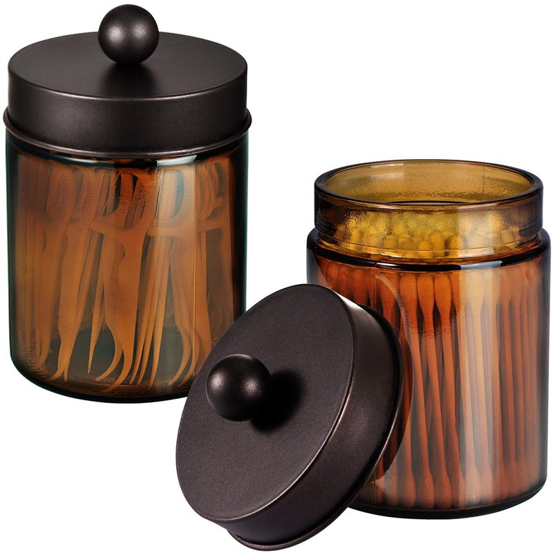 Amolliar Amber Glass Qtip Holder  Apothecary Jars With Bronze Metal Lid & Stickers-Bathroom Qtip Dispenser Storage Organizer Set Vanity Counter Canister For Cotton Swabs Round Floss(2 Pack) - Image 1