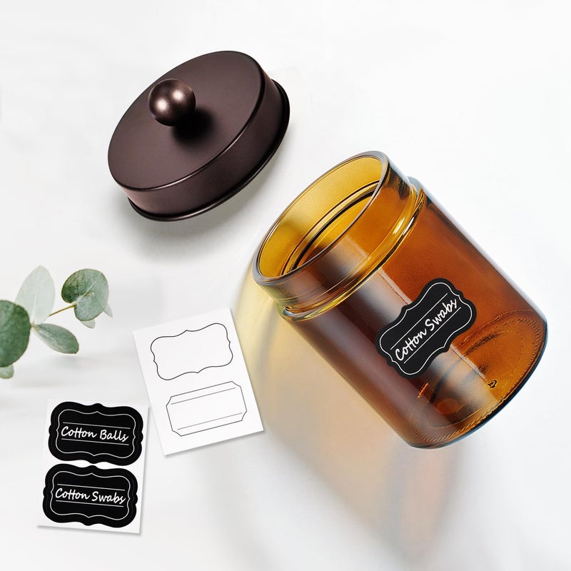 Amolliar Amber Glass Qtip Holder  Apothecary Jars With Bronze Metal Lid & Stickers-Bathroom Qtip Dispenser Storage Organizer Set Vanity Counter Canister For Cotton Swabs Round Floss(2 Pack) - Image 4