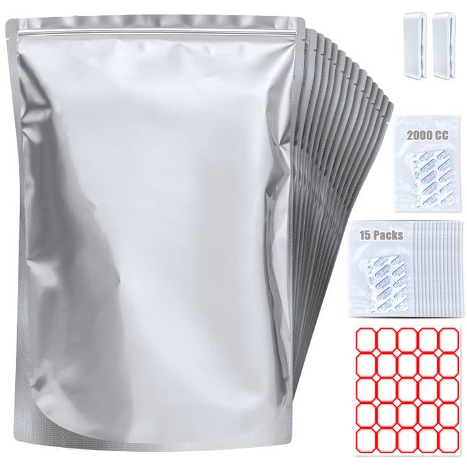 15 PACK 5 GALLON MYLAR BAGS WITH OXYGEN ABSORBERS 105 MIL MYLAR BAGS FOR FOOD STORAGE WITH 15 SINGLE SEALED 2000CC OXYGEN ABSORBERS LABELS CLIPS FOR LONG TERM FOOD STORAGE