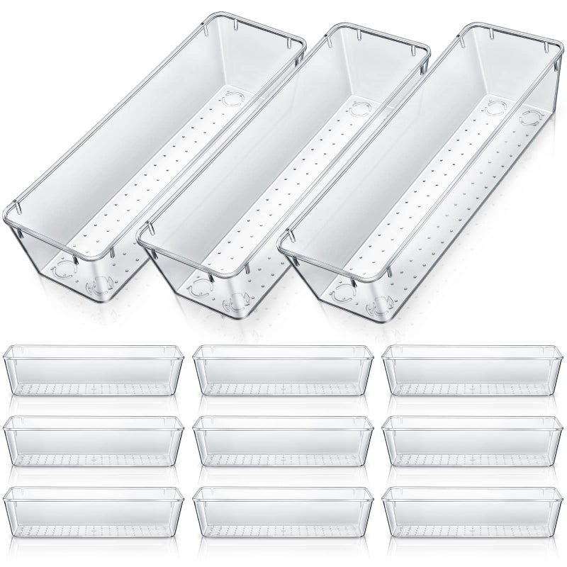 Maitys 12 Pcs Clear Drawer Organizer 9 x 3 x 2 Inches Plastic Rectangle Trays Makeup Vanity Storage Bins and Kitchen Drawers Dividers for Office Desk Silverware Kitchen Utensils(Clear) - Image 1