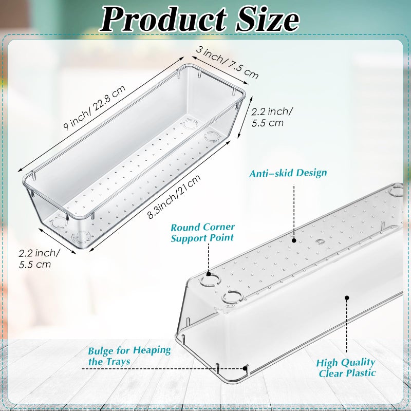 Maitys 12 Pcs Clear Drawer Organizer 9 x 3 x 2 Inches Plastic Rectangle Trays Makeup Vanity Storage Bins and Kitchen Drawers Dividers for Office Desk Silverware Kitchen Utensils(Clear) - Image 2