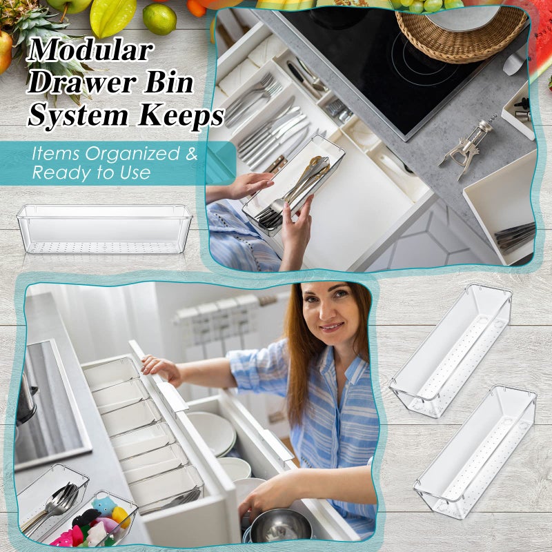 Maitys 12 Pcs Clear Drawer Organizer 9 x 3 x 2 Inches Plastic Rectangle Trays Makeup Vanity Storage Bins and Kitchen Drawers Dividers for Office Desk Silverware Kitchen Utensils(Clear) - Image 4