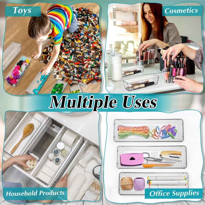 Maitys 12 Pcs Clear Drawer Organizer 9 x 3 x 2 Inches Plastic Rectangle Trays Makeup Vanity Storage Bins and Kitchen Drawers Dividers for Office Desk Silverware Kitchen Utensils(Clear) - Image 5