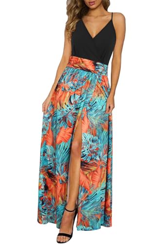 Newshows Women's 2025 Summer Maxi Dress Spaghetti Strap Spring Casual Boho V Neck Split Beach Long Flowy Dresses Trendy(Black Floral Blue Orange,M - Image 1