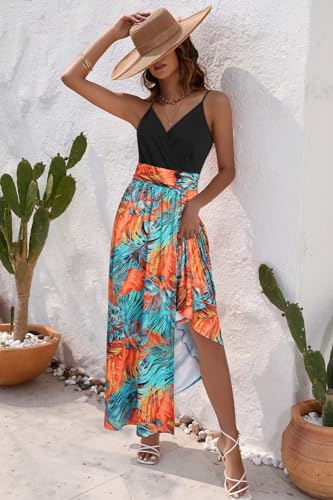Newshows Women's 2025 Summer Maxi Dress Spaghetti Strap Spring Casual Boho V Neck Split Beach Long Flowy Dresses Trendy(Black Floral Blue Orange,M - Image 3