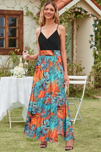 Newshows Women's 2025 Summer Maxi Dress Spaghetti Strap Spring Casual Boho V Neck Split Beach Long Flowy Dresses Trendy(Black Floral Blue Orange,M - Image 5