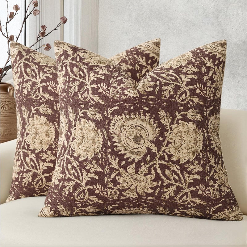 DKwizme Vintage Floral Print Throw Pillow Covers 18x18 Set of 2 Neutral Modern Farmhouse Pillowcases Accent Decorative Cushion Covers Boho Home Decor for Couch Sofa Chair Bed Living Room, Oxblood - Image 1
