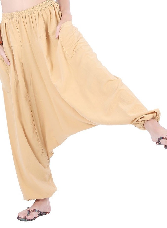 CandyHusky Men Women 100% Cotton Loose Baggy Boho Gypsy Aladdin Yoga Harem Pants (Kahki) - Image 1